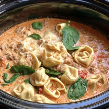 Bowl of slow cooker tortellini and sausage soup garnished with parsley