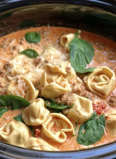 Bowl of slow cooker tortellini and sausage soup garnished with parsley