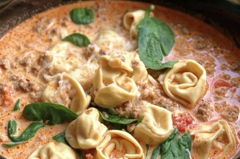 Bowl of slow cooker tortellini and sausage soup garnished with parsley