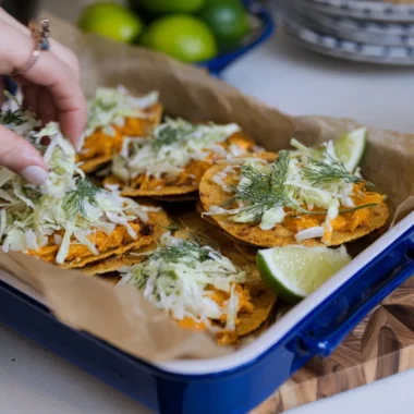 Smashed Buffalo Chicken Tacos topped with Ranch Slaw