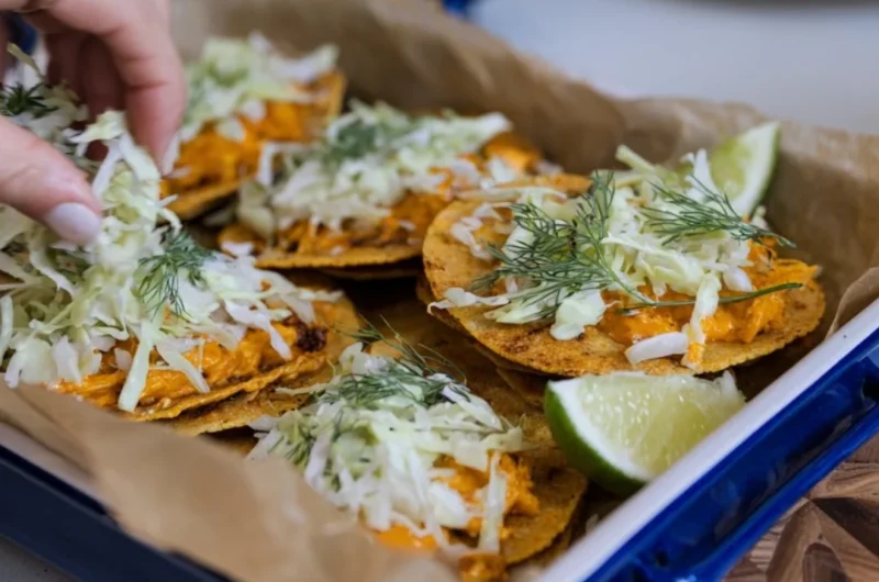 Smashed Buffalo Chicken Tacos topped with Ranch Slaw