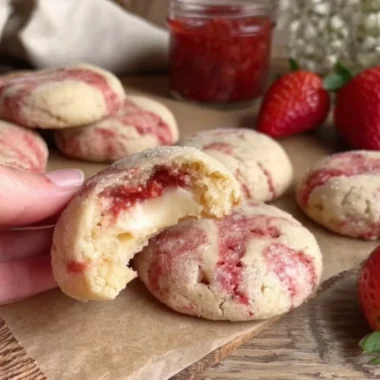Soft strawberry cheesecake cookies with a creamy filling and fresh strawberry topping