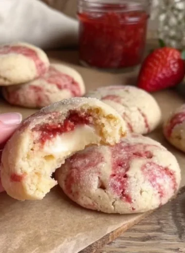 Soft strawberry cheesecake cookies with a creamy filling and fresh strawberry topping