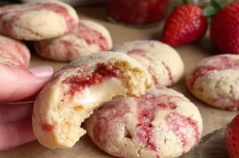 Soft strawberry cheesecake cookies with a creamy filling and fresh strawberry topping