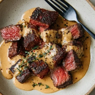 Juicy steak served with bourbon garlic cream sauce, garnished for a gourmet touch.