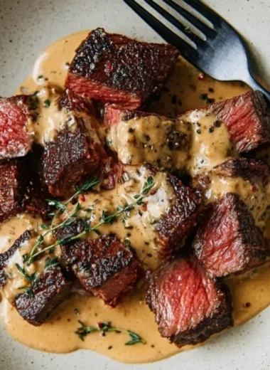 Juicy steak served with bourbon garlic cream sauce, garnished for a gourmet touch.