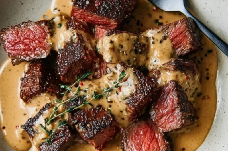 Juicy steak served with bourbon garlic cream sauce, garnished for a gourmet touch.