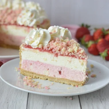 A slice of Strawberry Crunch Cheesecake topped with fresh strawberries and crunch.