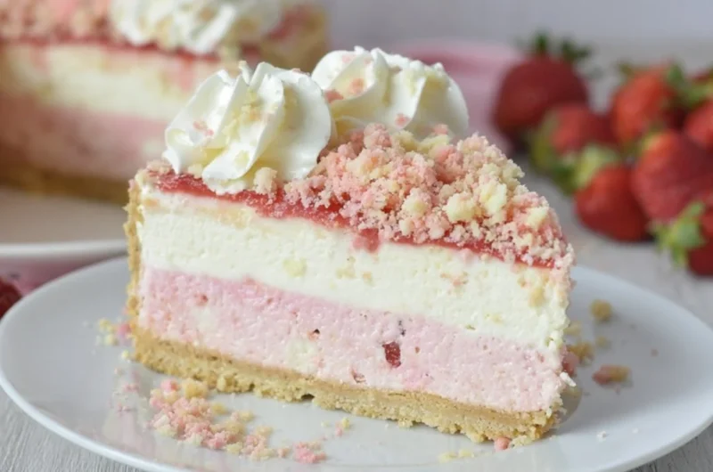 A slice of Strawberry Crunch Cheesecake topped with fresh strawberries and crunch.