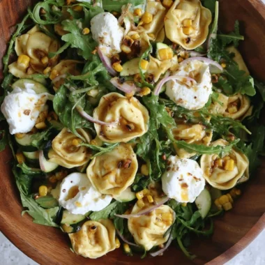 Colorful Summer Tortellini Salad with fresh vegetables and dressing