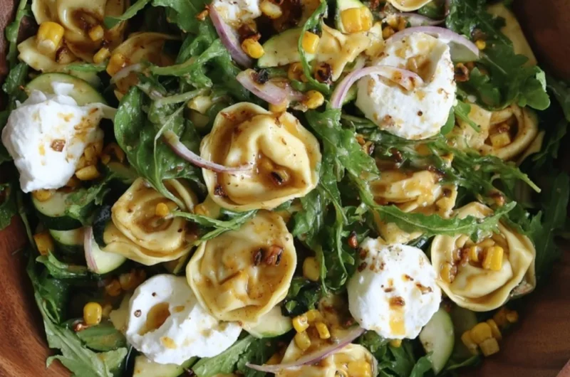 Colorful Summer Tortellini Salad with fresh vegetables and dressing
