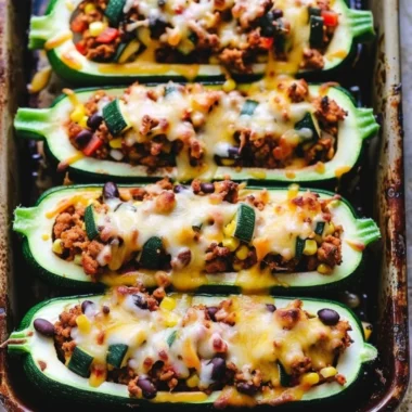 Taco Zucchini Boats filled with seasoned meat and topped with fresh toppings