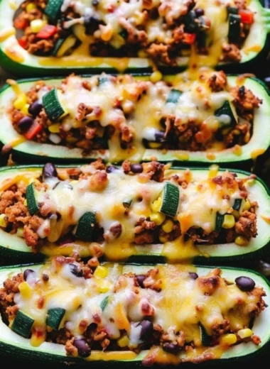 Taco Zucchini Boats filled with seasoned meat and topped with fresh toppings