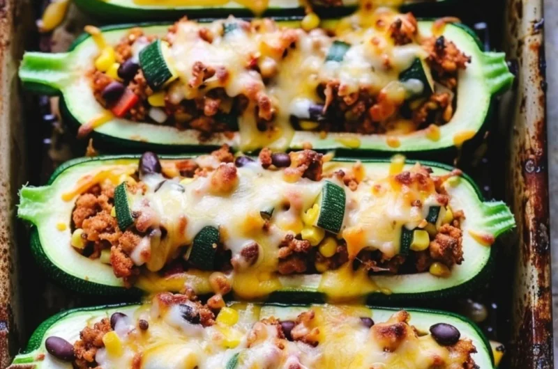Taco Zucchini Boats filled with seasoned meat and topped with fresh toppings