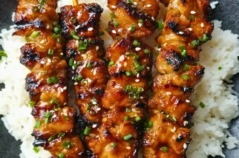 Grilled teriyaki chicken skewers served on a plate