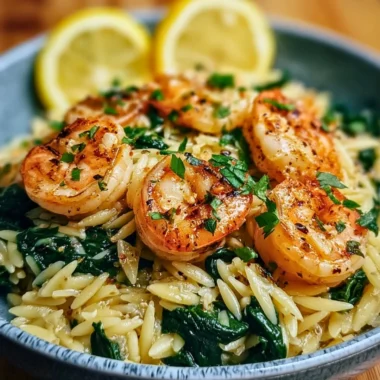 Lemon garlic shrimp served with spinach orzo in a delicious seafood dish.