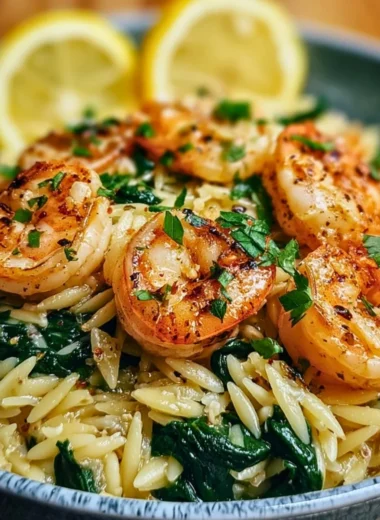 Lemon garlic shrimp served with spinach orzo in a delicious seafood dish.
