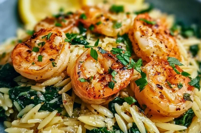 Lemon garlic shrimp served with spinach orzo in a delicious seafood dish.