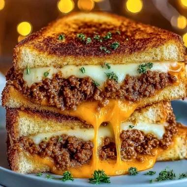 Cheesy ground beef melt with gooey cheese and savory toppings on a plate
