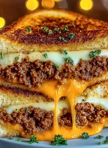 Cheesy ground beef melt with gooey cheese and savory toppings on a plate