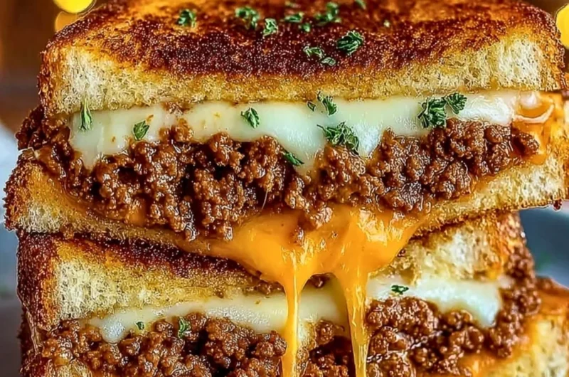 Cheesy ground beef melt with gooey cheese and savory toppings on a plate