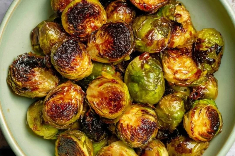 Oven-roasted Maple Balsamic Brussels Sprouts served on a plate