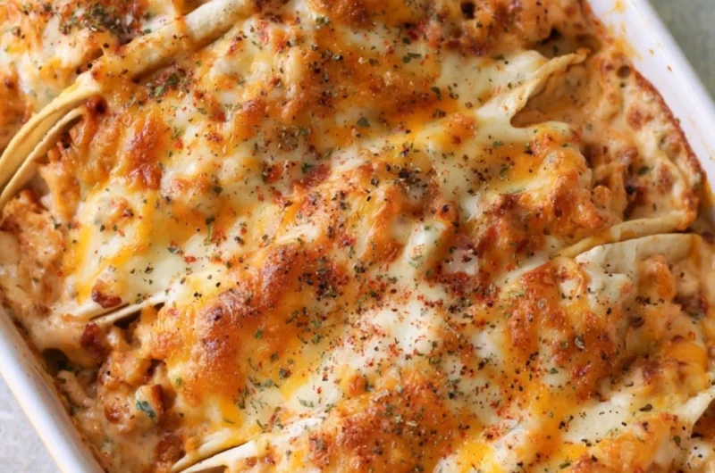 Baked chicken bacon ranch tacos topped with cheese and herbs