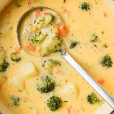 Creamy broccoli cheese potato soup served in a bowl, garnished with herbs.