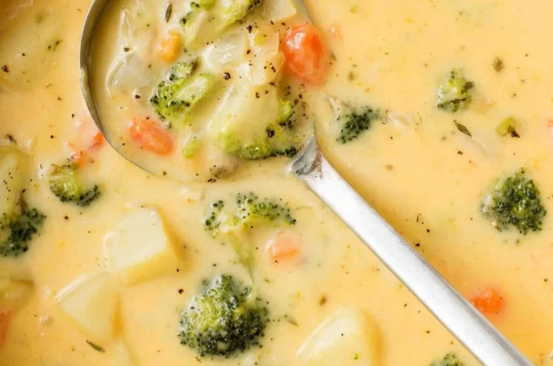 Creamy broccoli cheese potato soup served in a bowl, garnished with herbs.