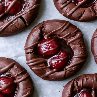 Baked chocolate cherry thumbprint cookies arranged on a plate