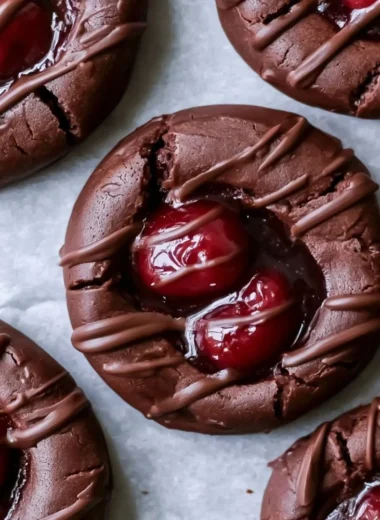 Baked chocolate cherry thumbprint cookies arranged on a plate