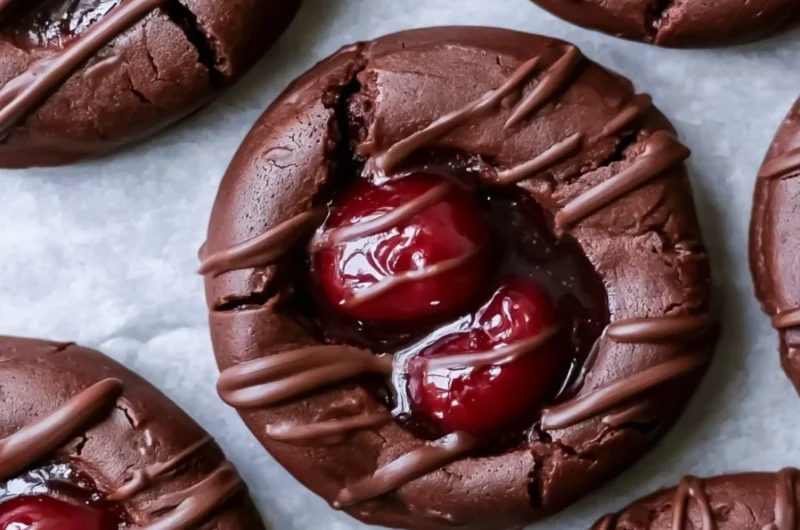 Baked chocolate cherry thumbprint cookies arranged on a plate