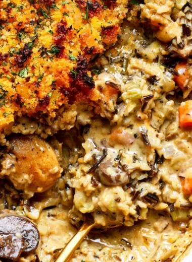 Creamy chicken wild rice casserole served in a baking dish
