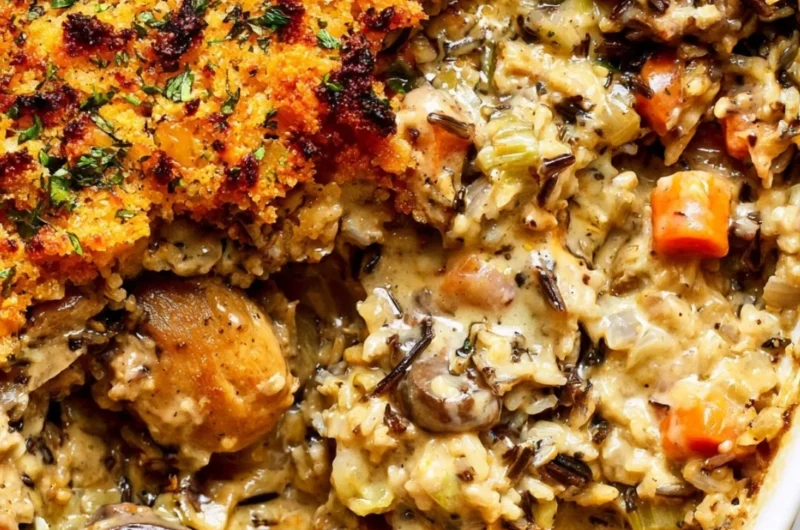 Creamy chicken wild rice casserole served in a baking dish