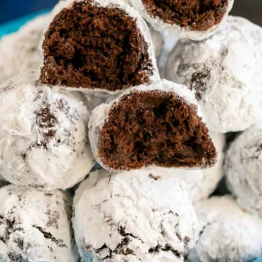 Delicious double chocolate snowball cookies topped with powdered sugar.