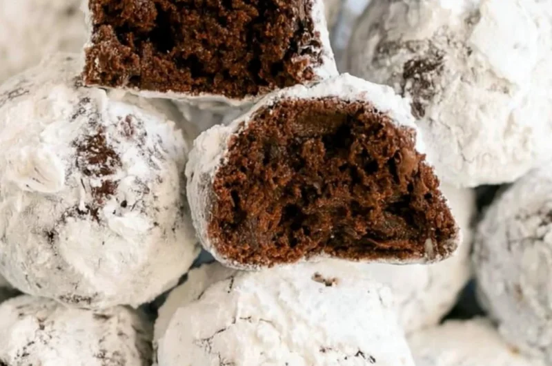 Delicious double chocolate snowball cookies topped with powdered sugar.