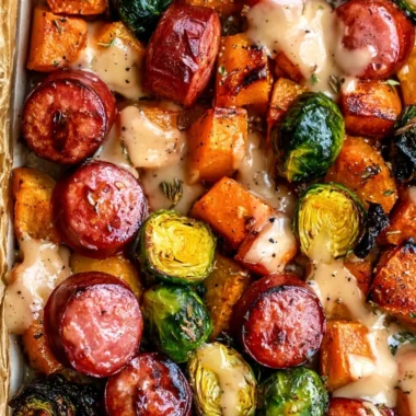 One pan sausage dish featuring butternut squash and Brussels sprouts