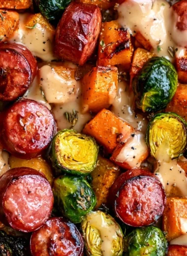 One pan sausage dish featuring butternut squash and Brussels sprouts