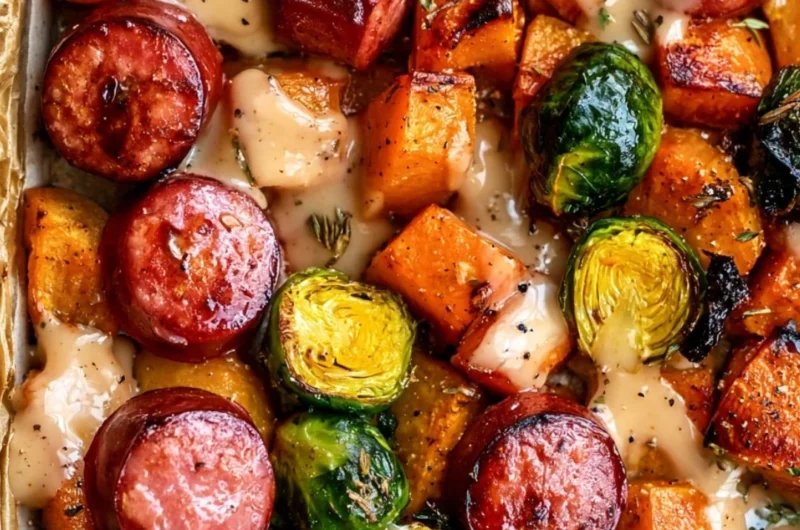 One pan sausage dish featuring butternut squash and Brussels sprouts