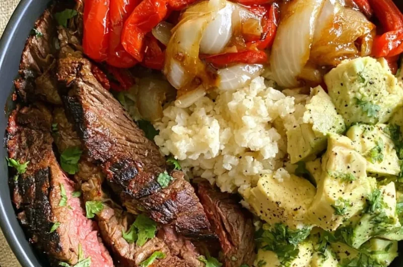 High protein steak fajita bowl with fresh vegetables and spices