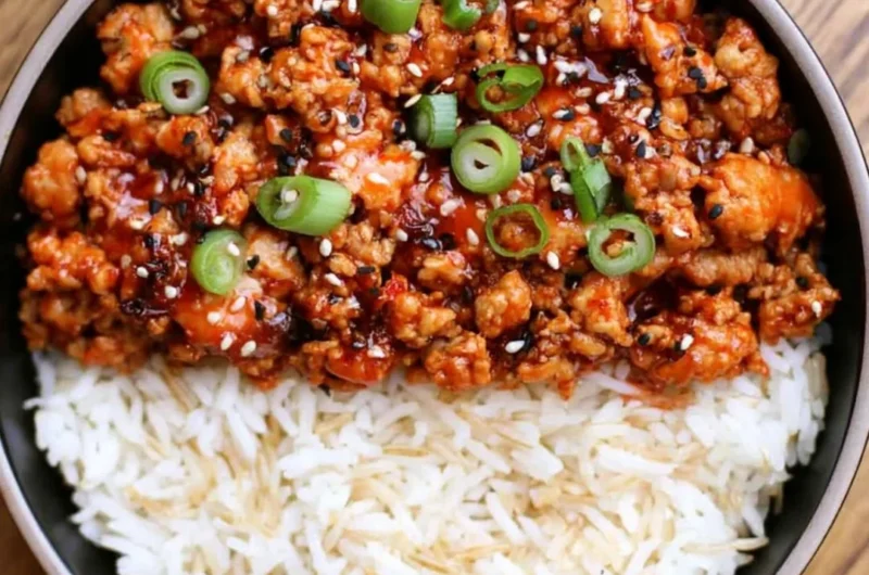 Low carb firecracker ground chicken served in a bowl with vegetables