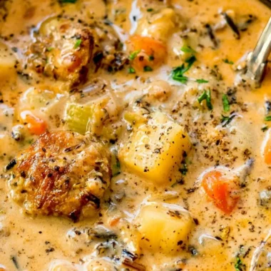 Bowl of creamy Potato Sausage Chowder topped with fresh herbs.