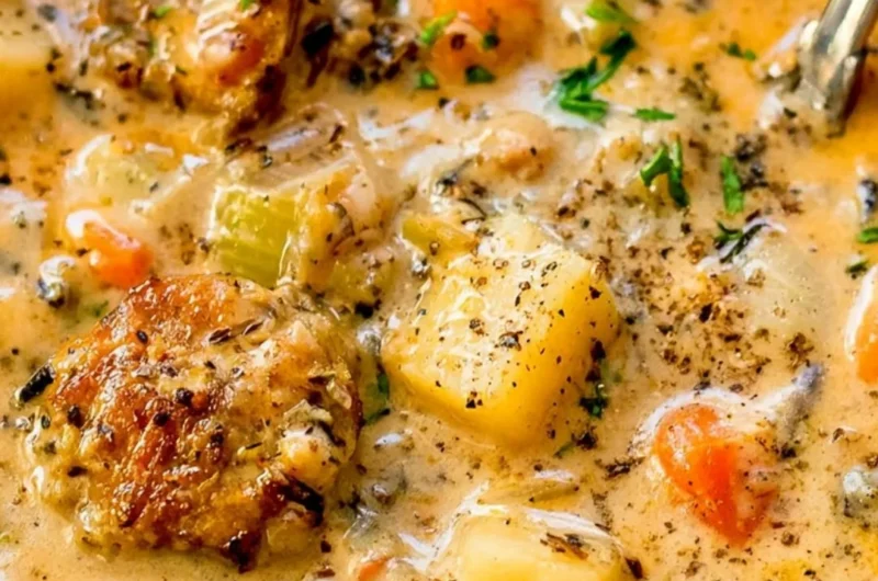 Bowl of creamy Potato Sausage Chowder topped with fresh herbs.