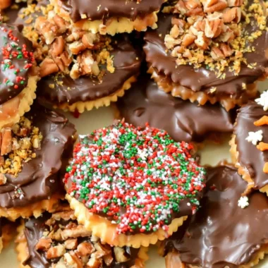 Plate of homemade Ritz Cracker Toffee Cookies with caramel and chocolate toppings.
