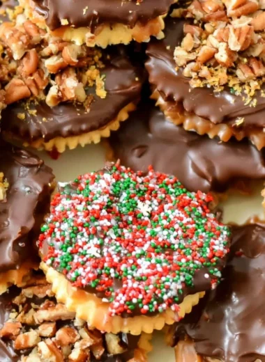 Plate of homemade Ritz Cracker Toffee Cookies with caramel and chocolate toppings.
