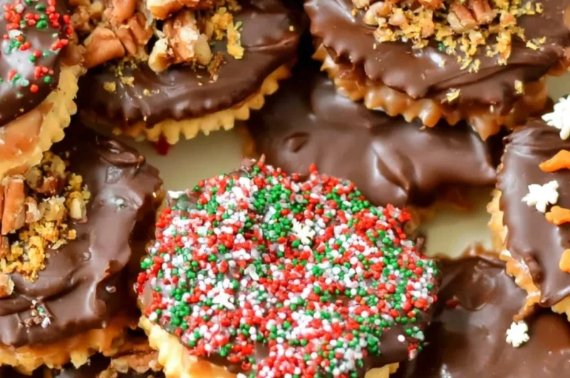 Plate of homemade Ritz Cracker Toffee Cookies with caramel and chocolate toppings.