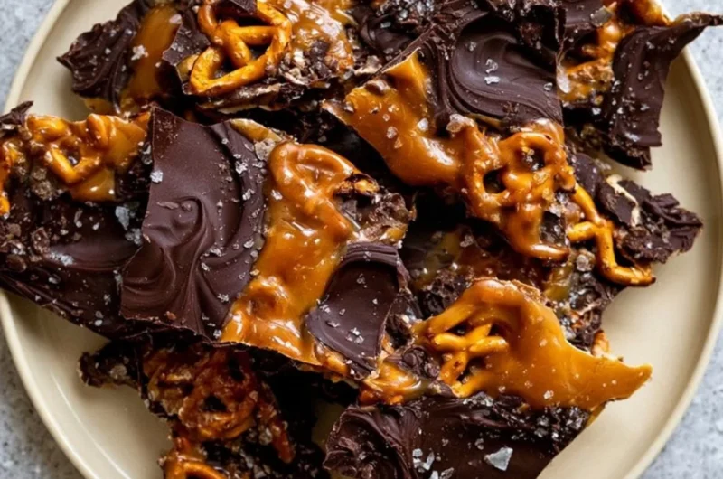Delicious salted caramel chocolate pretzel bars topped with drizzled chocolate.