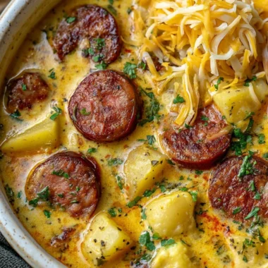Bowl of hearty Sausage Potato Soup with potatoes and sausage slices