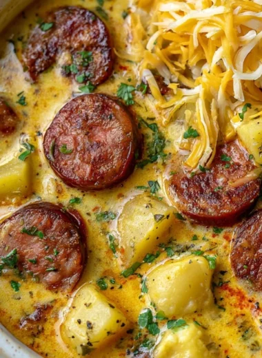 Bowl of hearty Sausage Potato Soup with potatoes and sausage slices