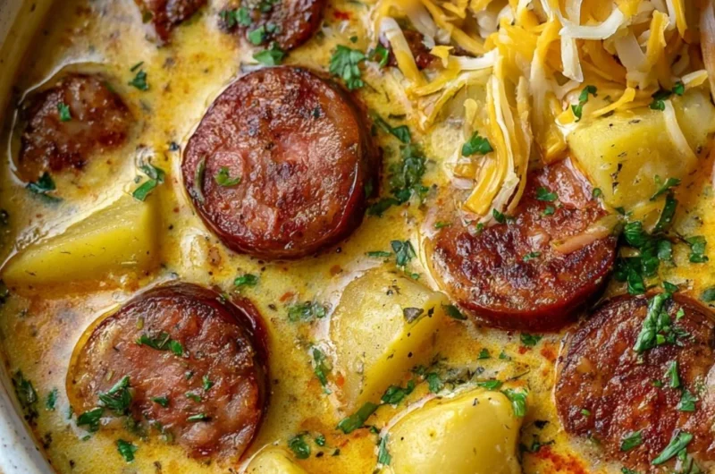 Bowl of hearty Sausage Potato Soup with potatoes and sausage slices